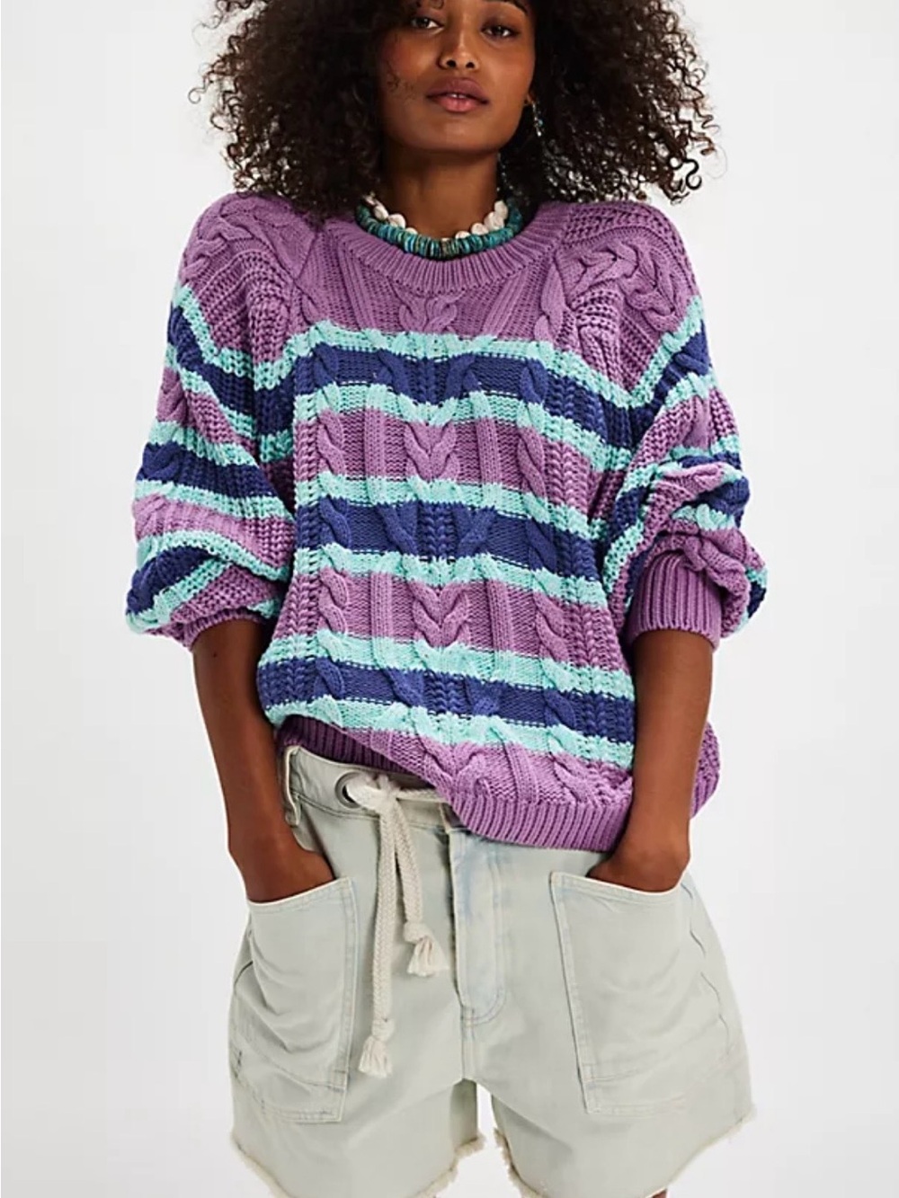 Free People Frankie Striped Cable Knit Sweater